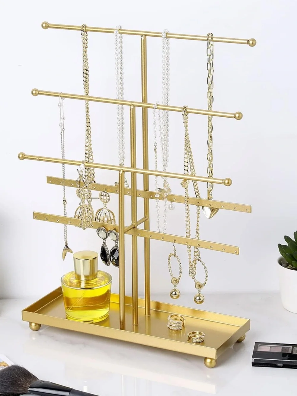 MyGift 5-Tier Gold Metal Jewelry Organizer Stand with Earring Hooks & Ring Tray